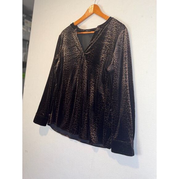 Investments II Velvet Leopard Blouse Burnout Top Long Sleeves Black Brown Sz 1X - Picture 4 of 8